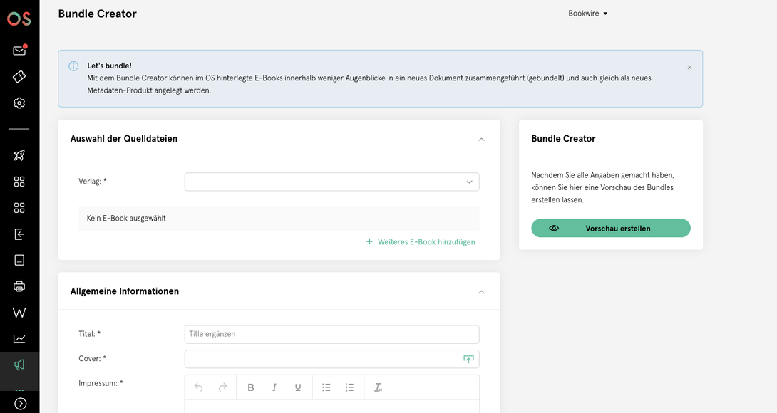 Weboberfläche de Bundle Creators mit Auswahl von Quelltiteln, allgemeinen Informationen zum Bundle und einer Seitenleiste zur Erstellung einer Vorschau.